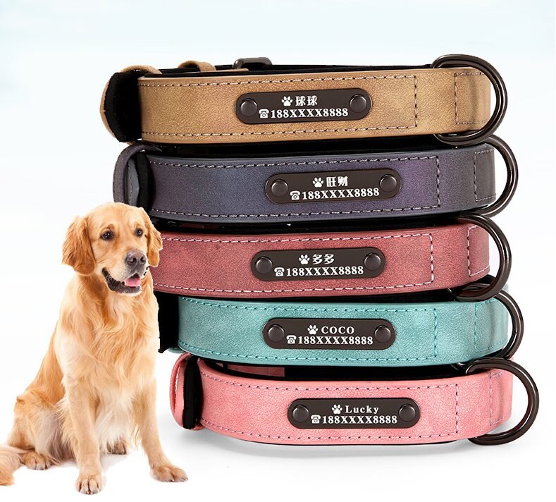 Farbiges reflektierendes Halsband aus PU-Leder für Hunde – Personalisierung mit Name und Telefonnummer