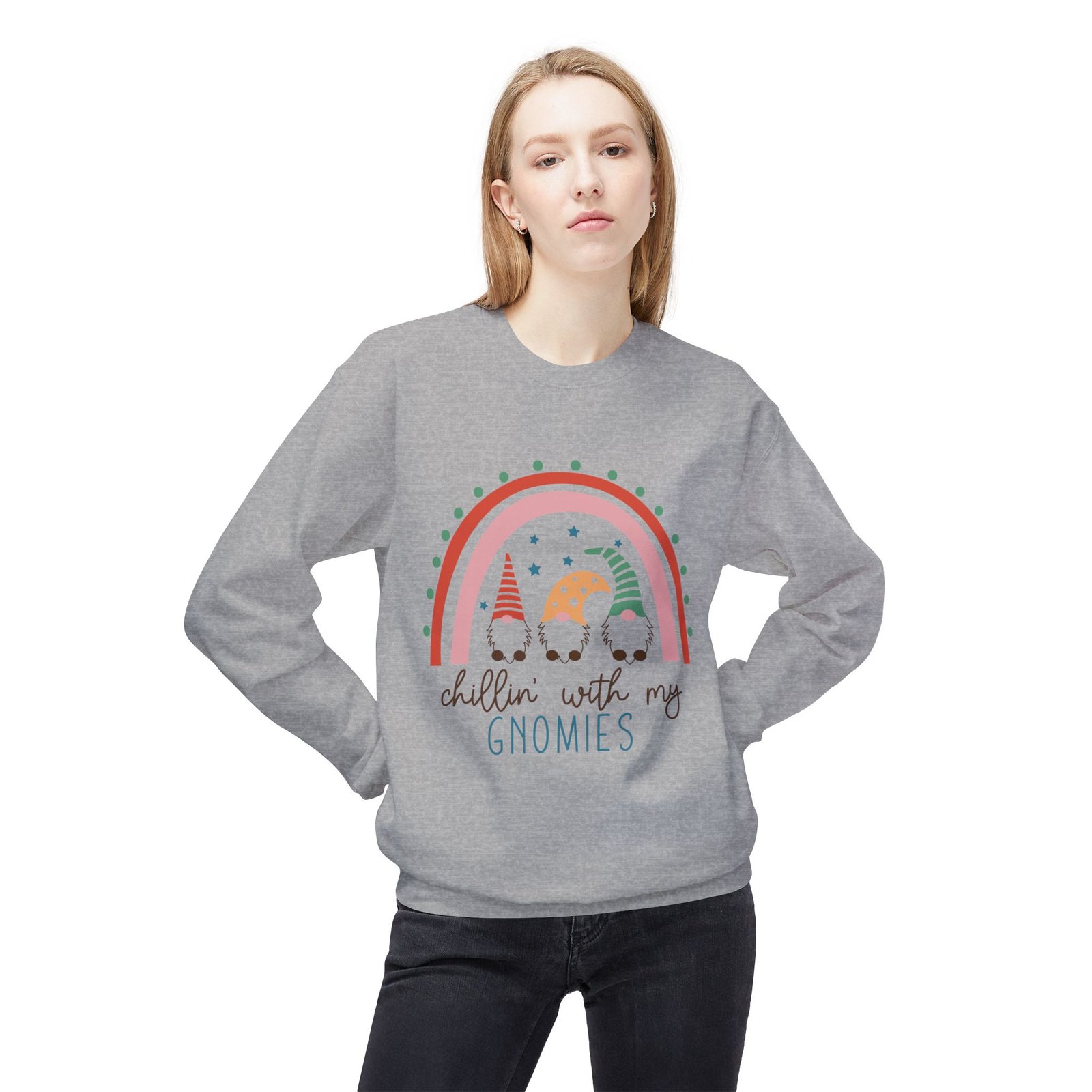 Unisex Midweight Softstyle Fleece Crewneck Sweatshirt "Chilling with my Gnomies"